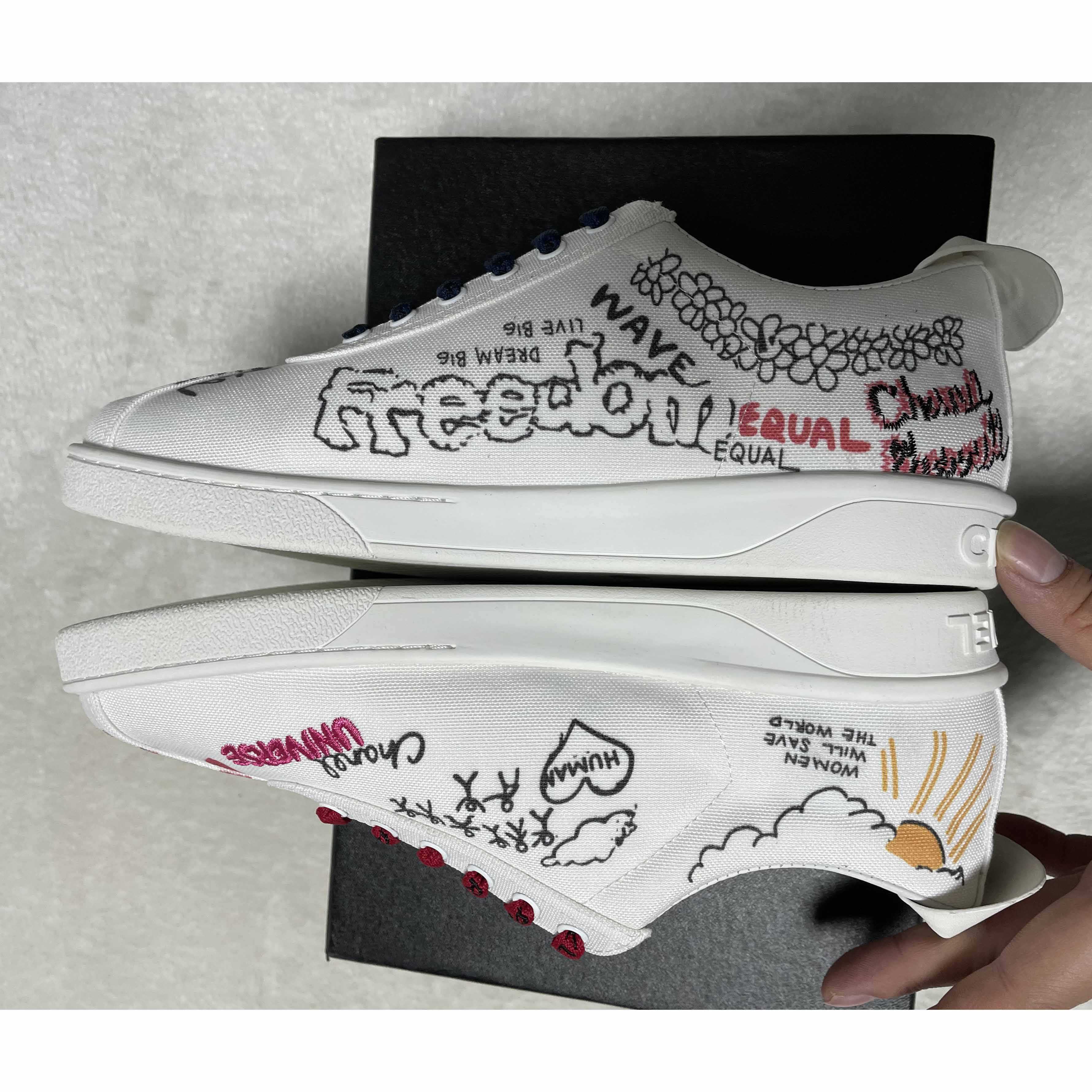 Chanel X Pharrell 19D White Graffiti CC Low Top Lace Up Flat Sneakers - EUR FASHION