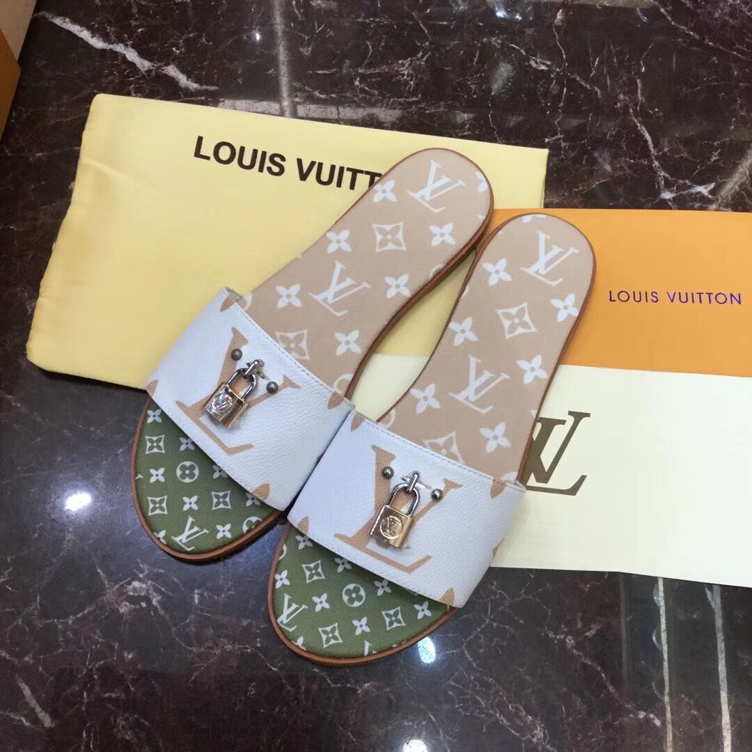 Louis Vuitton Lock It Flat Mule In White/ Moka Brown - EUR FASHION