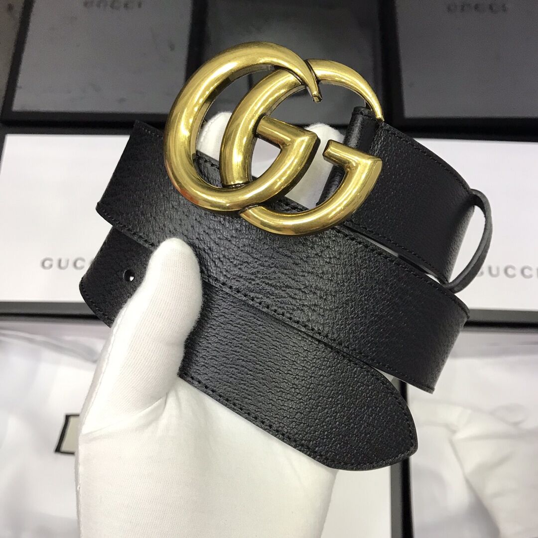 Gucci Leather Black Belt With Double G Golden Buckle  - EUR FASHION