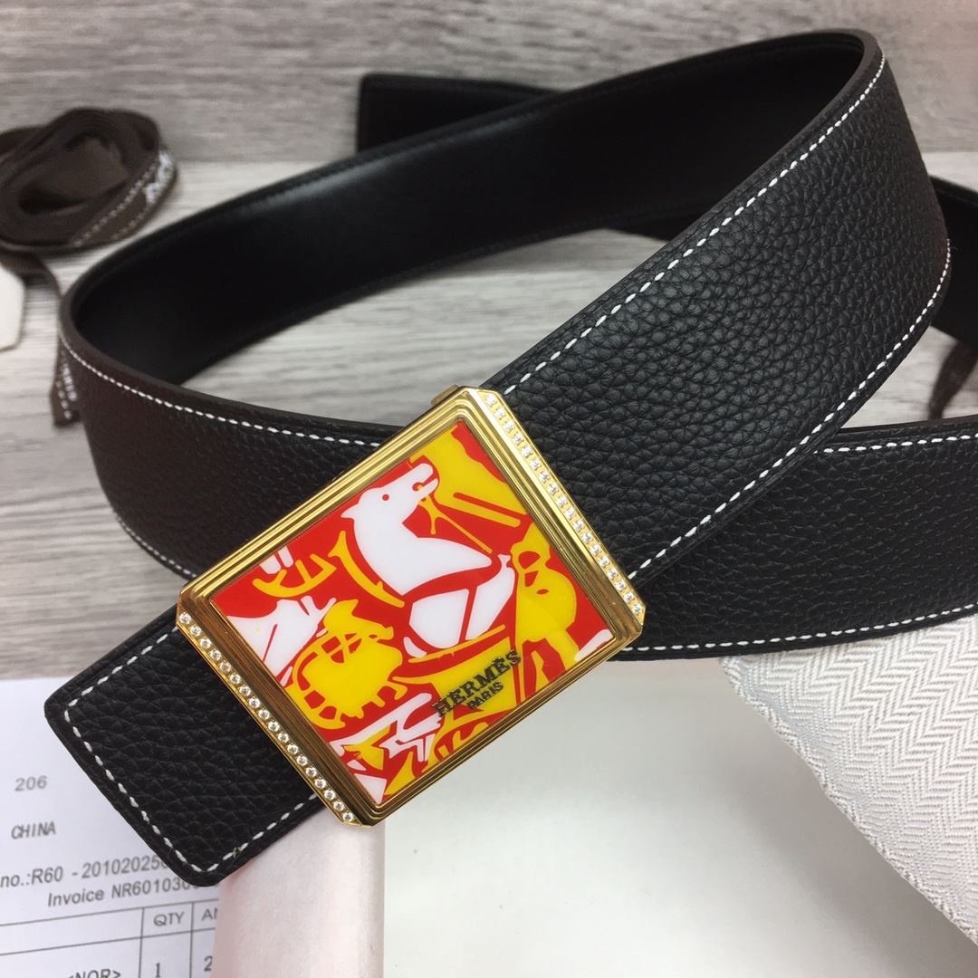 Hermes Black Leather Belt With   Enamel Buckle - EUR FASHION