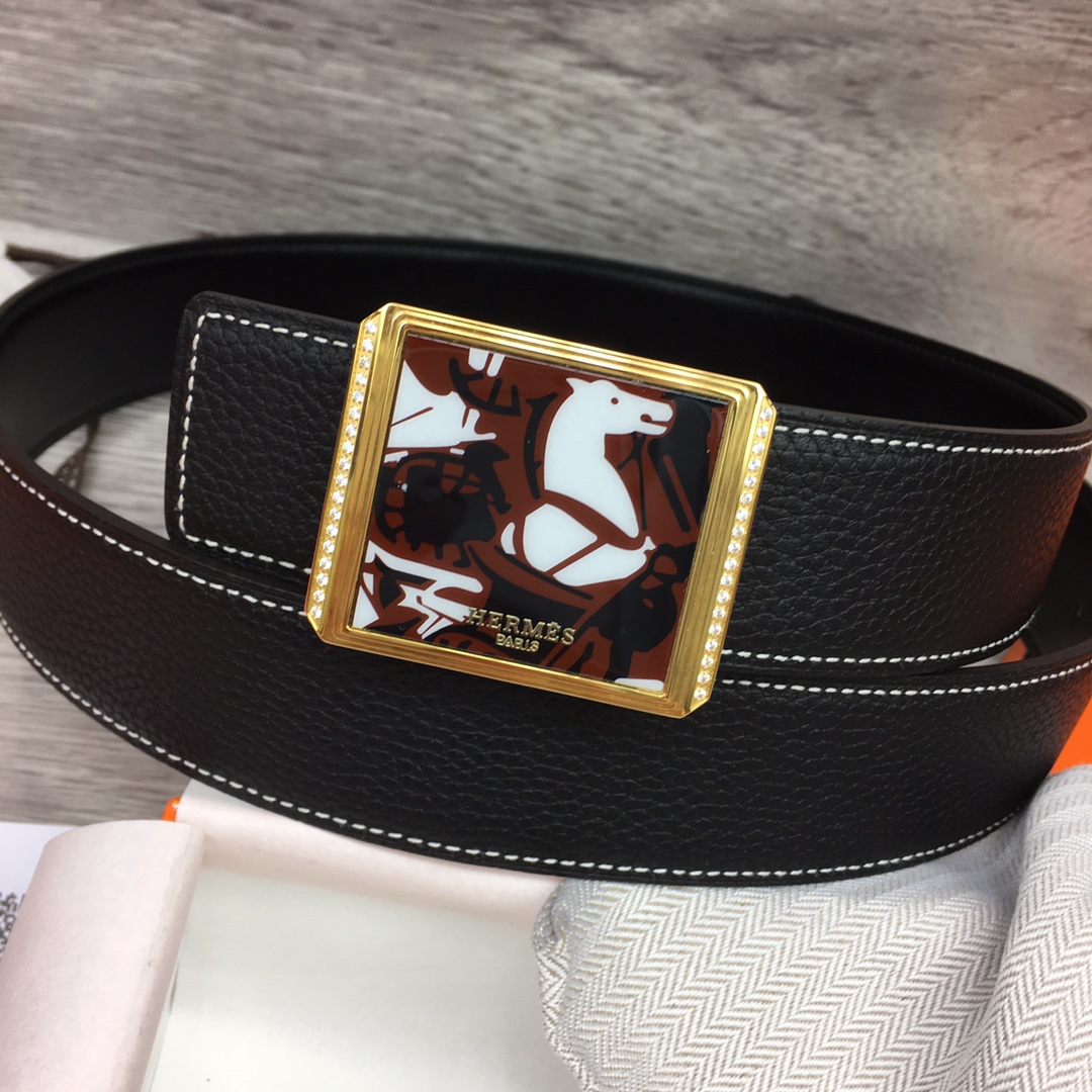 Hermes Black Leather Belt With   Enamel Buckle - EUR FASHION