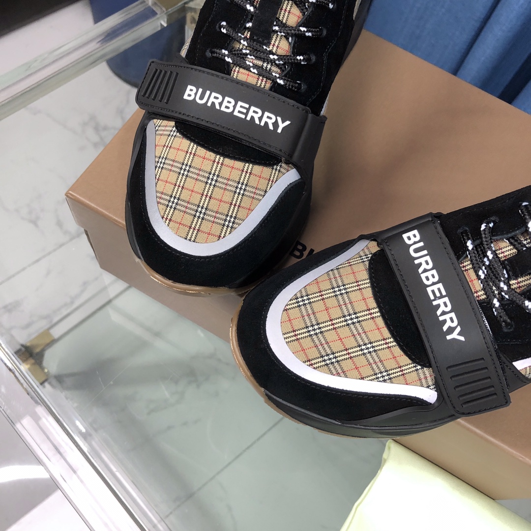 Burberry Check Cotton Canvas And Leather Sneakers - EUR FASHION