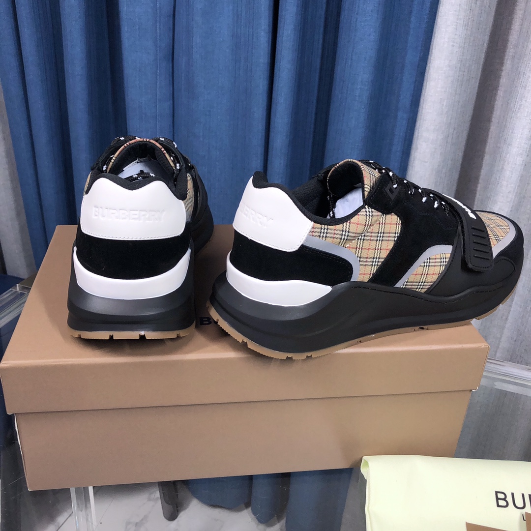 Burberry Check Cotton Canvas And Leather Sneakers - EUR FASHION