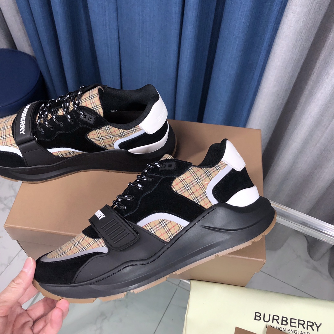 Burberry Check Cotton Canvas And Leather Sneakers - EUR FASHION