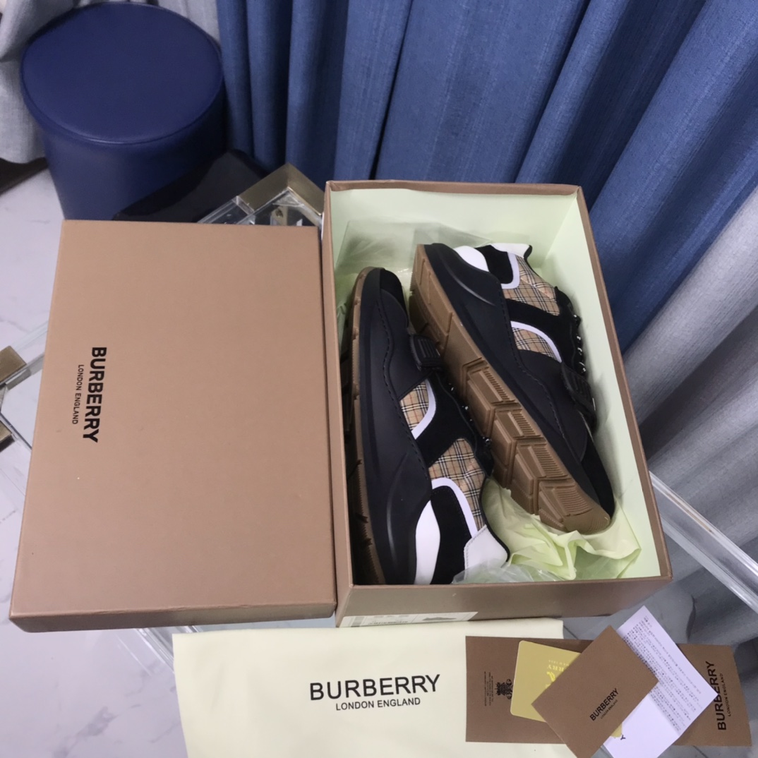 Burberry Check Cotton Canvas And Leather Sneakers - EUR FASHION