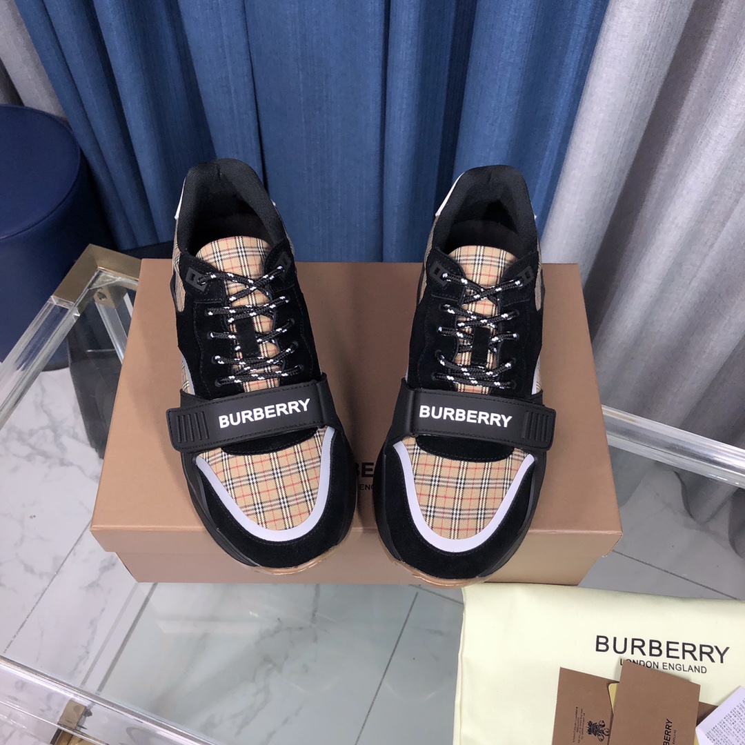 Burberry Check Cotton Canvas And Leather Sneakers - EUR FASHION