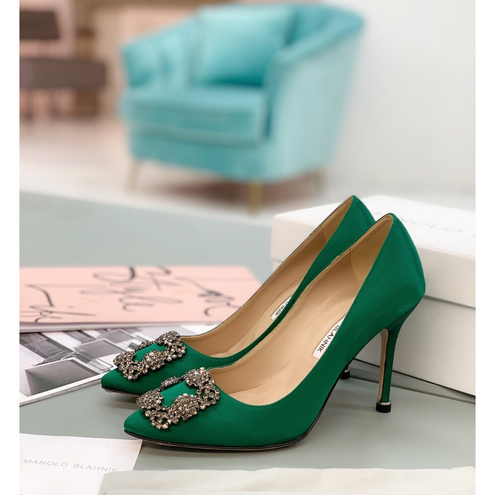 Manolo Blahnik Green Hangisi Pumps With Buckle - EUR FASHION