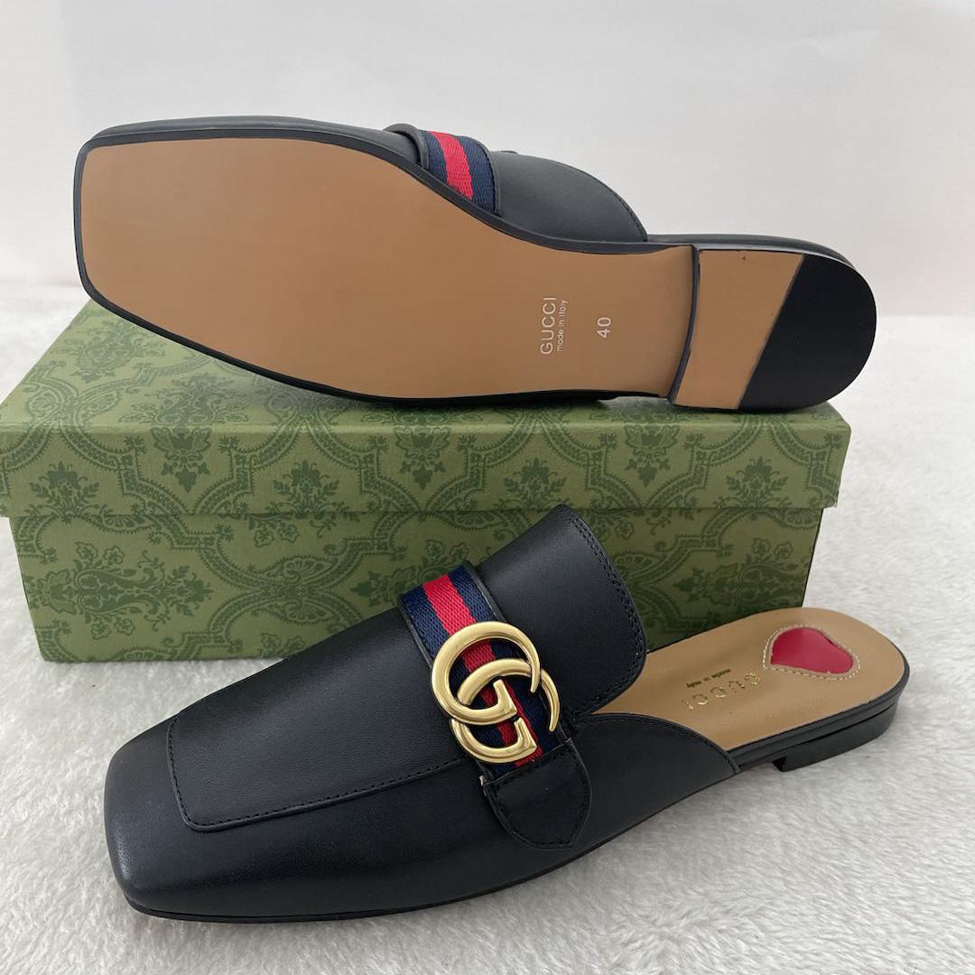 Gucci Princetown Leather Black Slipper With Double G - EUR FASHION