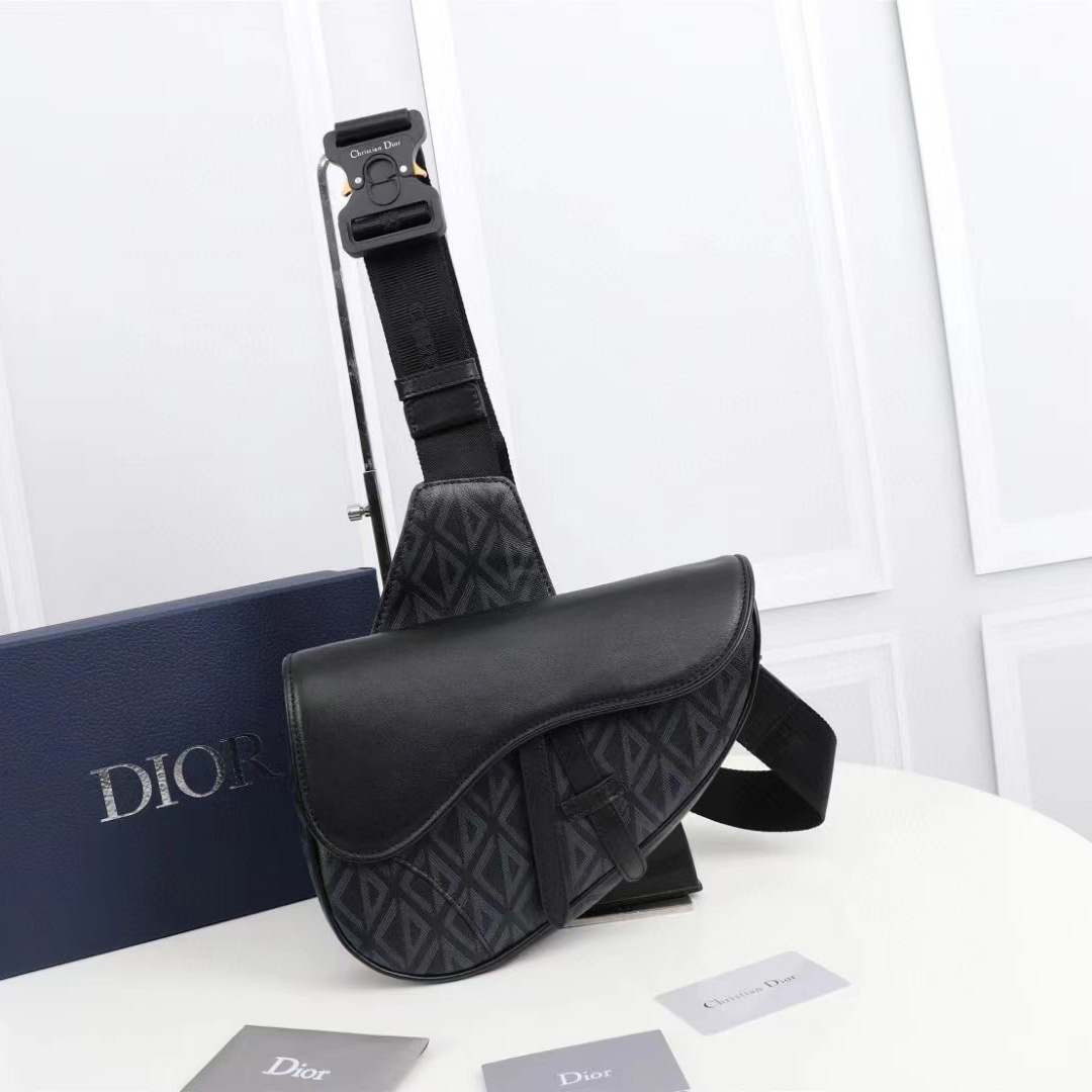 Dior Black CD Diamond Canvas And Smooth Calfskin Saddle Bag(26-19-4.5cm) - EUR FASHION