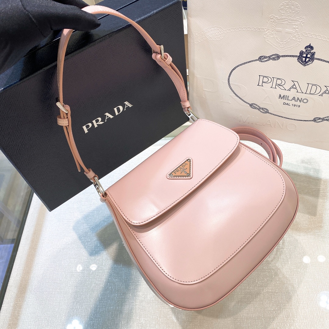 Prada Cleo Brushed Leather Shoulder Bag In Pink(24-19-6cm)   1BD303 - EUR FASHION