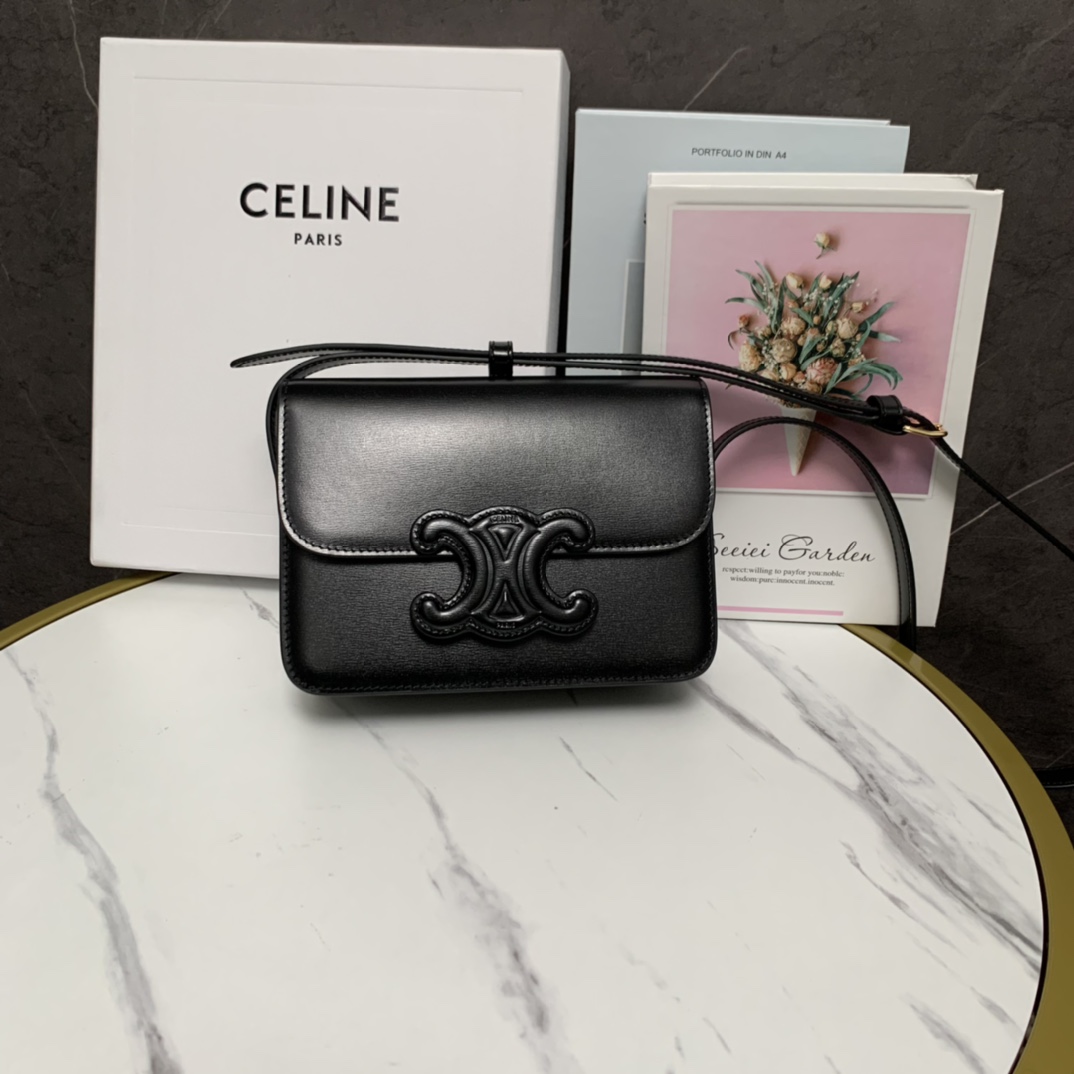 Celine Teen Bag Cuir Triomphe In Shiny Calfskin Black(18.5-14-8cm) - EUR FASHION