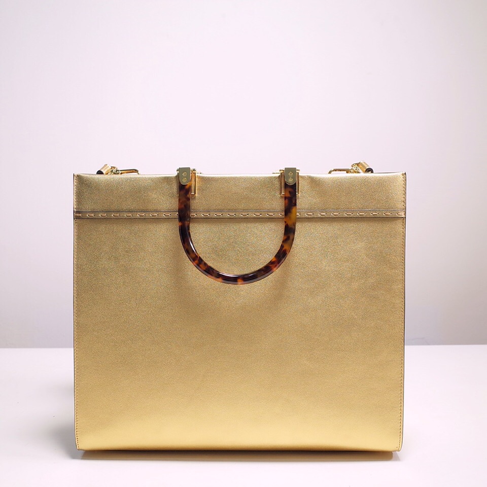 Fendi Sunshine Medium Shopper Bag In Gold Laminated Leather (35-31-17cm)  8BH386 - EUR FASHION