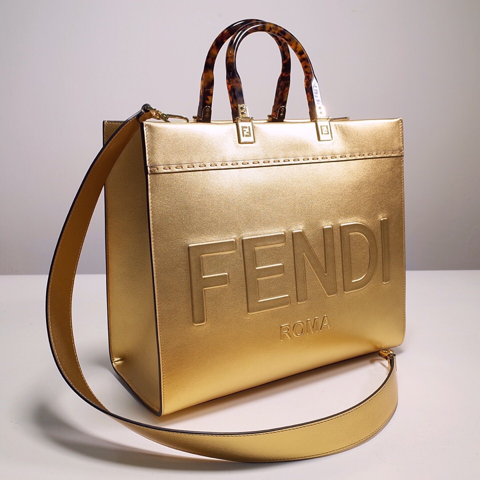 Fendi Sunshine Medium Shopper Bag In Gold Laminated Leather (35-31-17cm)  8BH386 - EUR FASHION