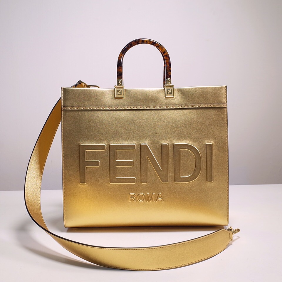 Fendi Sunshine Medium Shopper Bag In Gold Laminated Leather (35-31-17cm)  8BH386 - EUR FASHION