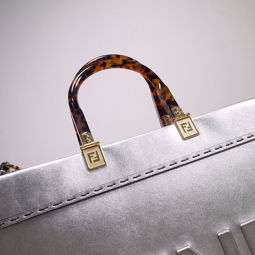 Fendi Sunshine Medium Shopper Bag In Silver Laminated Leather (35-31-17cm)  8BH386 - EUR FASHION