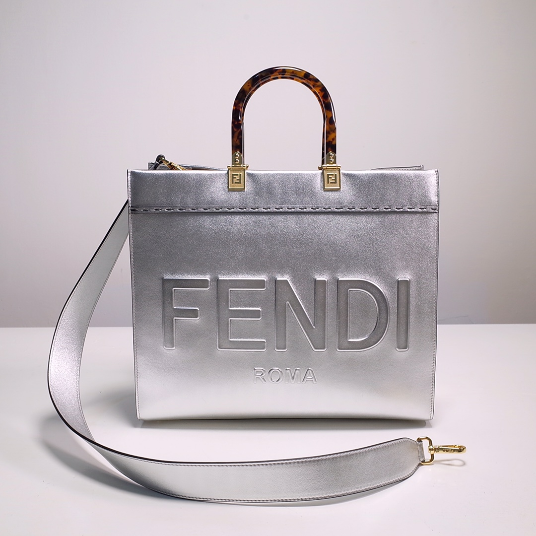 Fendi Sunshine Medium Shopper Bag In Silver Laminated Leather (35-31-17cm)  8BH386 - EUR FASHION