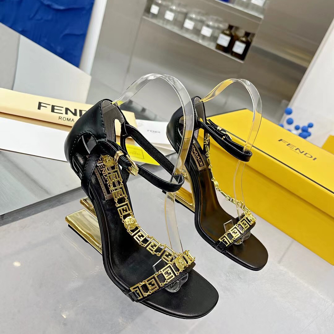 Fendi Fendi First Fendace Black Leather High-Heeled Sandals - EUR FASHION