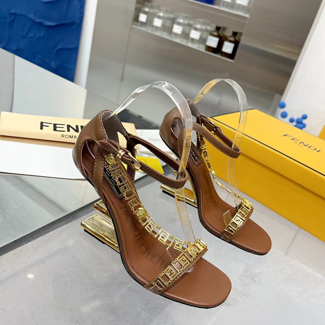 Fendi Fendi First Fendace Brown Leather High-Heeled Sandals - EUR FASHION