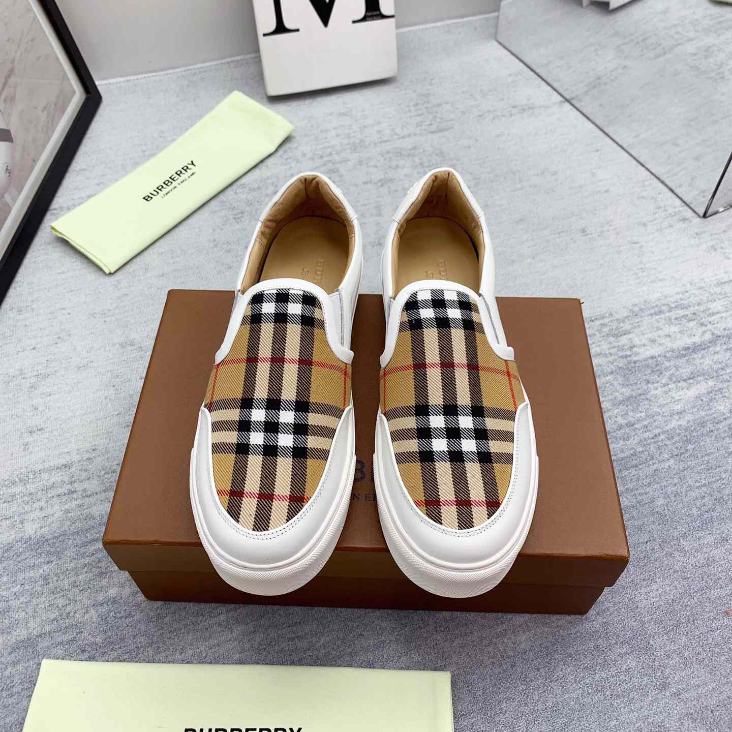 Burberry Leather And Vintage Check Slip-On Sneakers - EUR FASHION