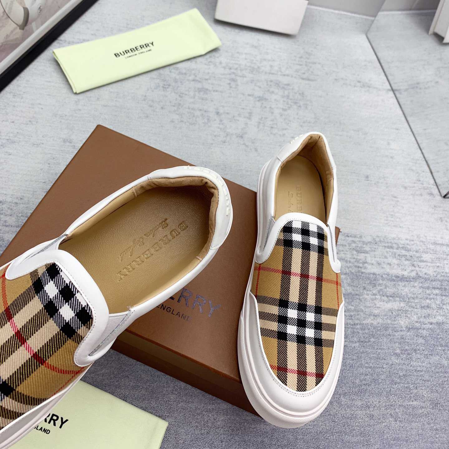 Burberry Leather And Vintage Check Slip-On Sneakers - EUR FASHION