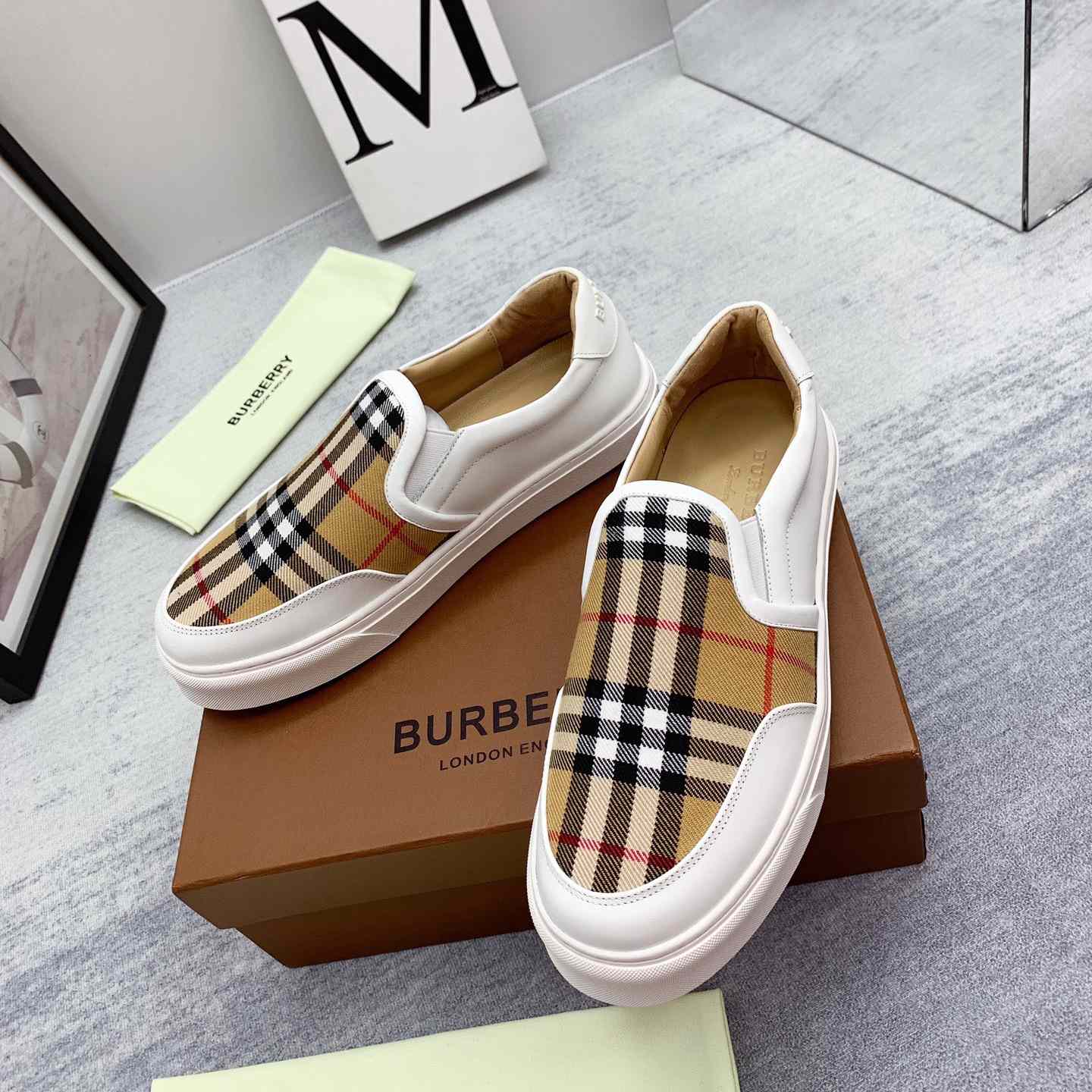 Burberry Leather And Vintage Check Slip-On Sneakers - EUR FASHION