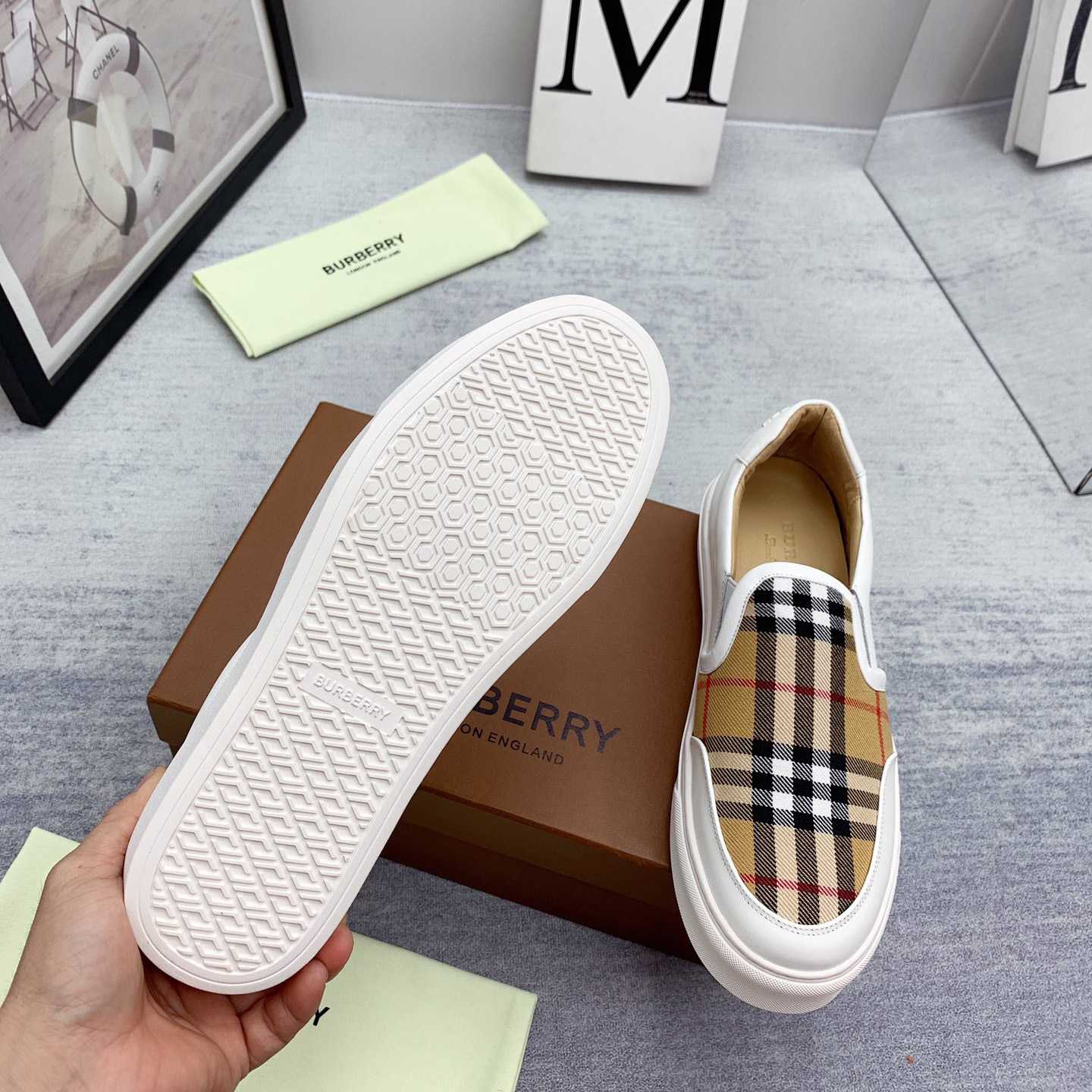 Burberry Leather And Vintage Check Slip-On Sneakers - EUR FASHION