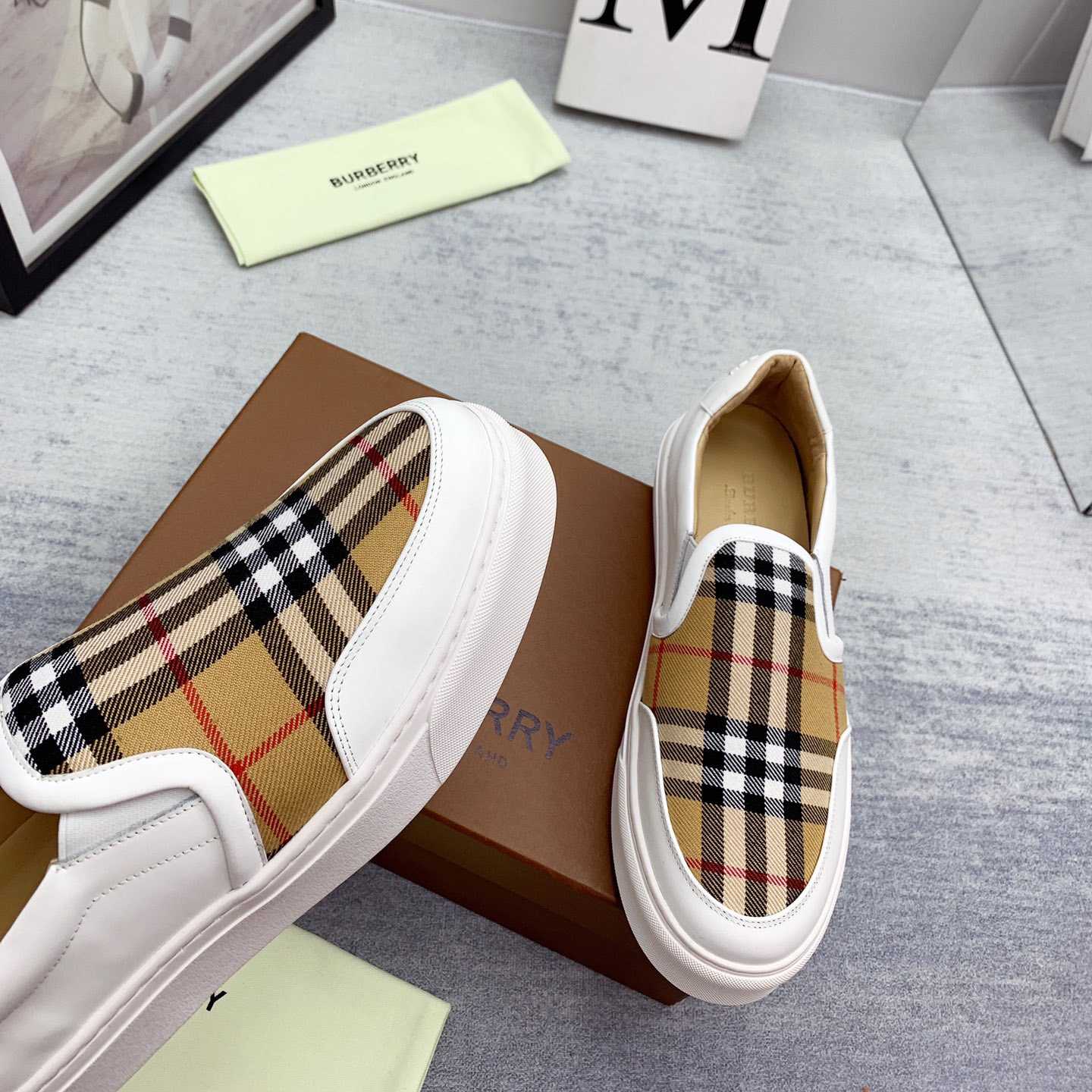 Burberry Leather And Vintage Check Slip-On Sneakers - EUR FASHION