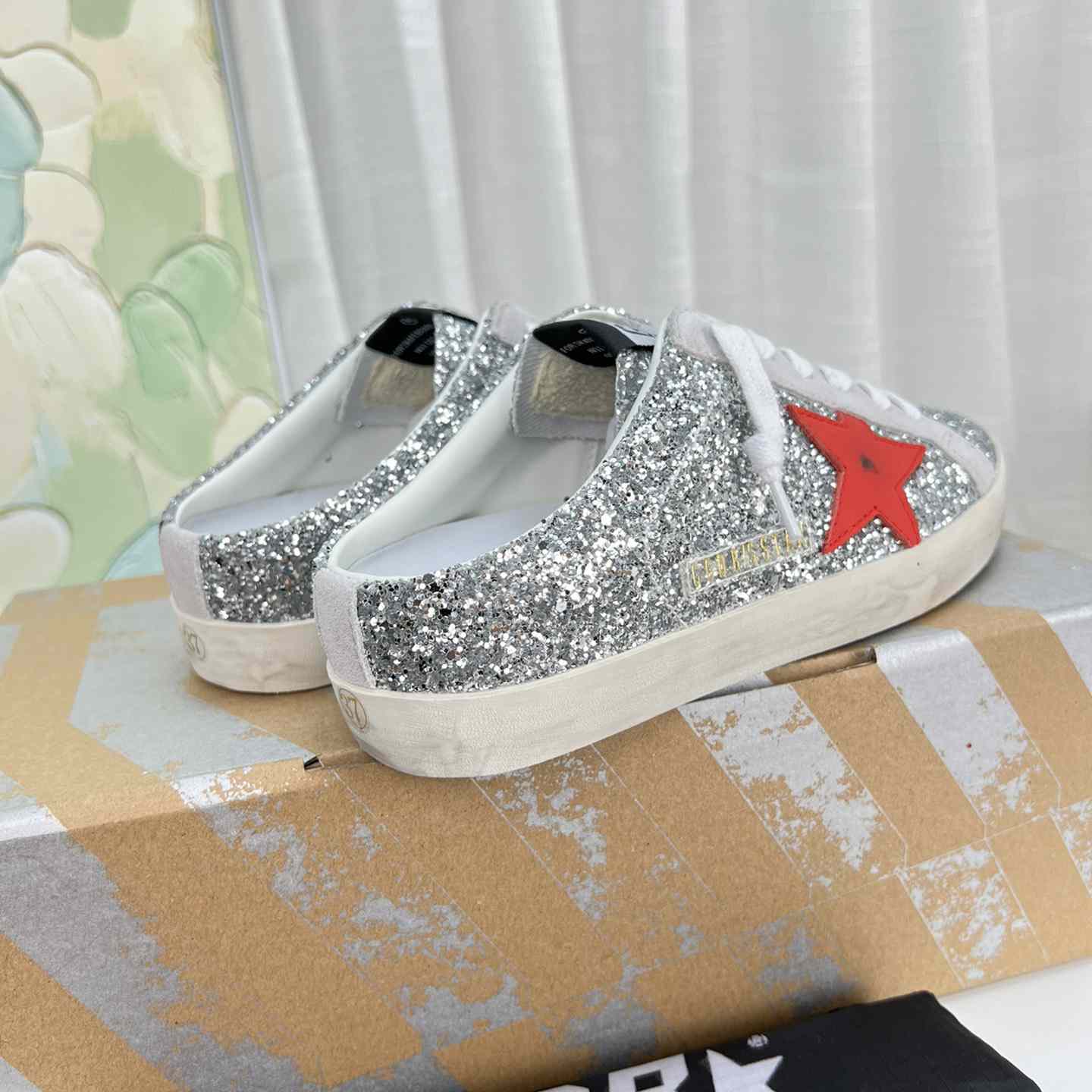 Golden Goose Super-Star Sabots In Silver Glitter With Red Leather Star - EUR FASHION