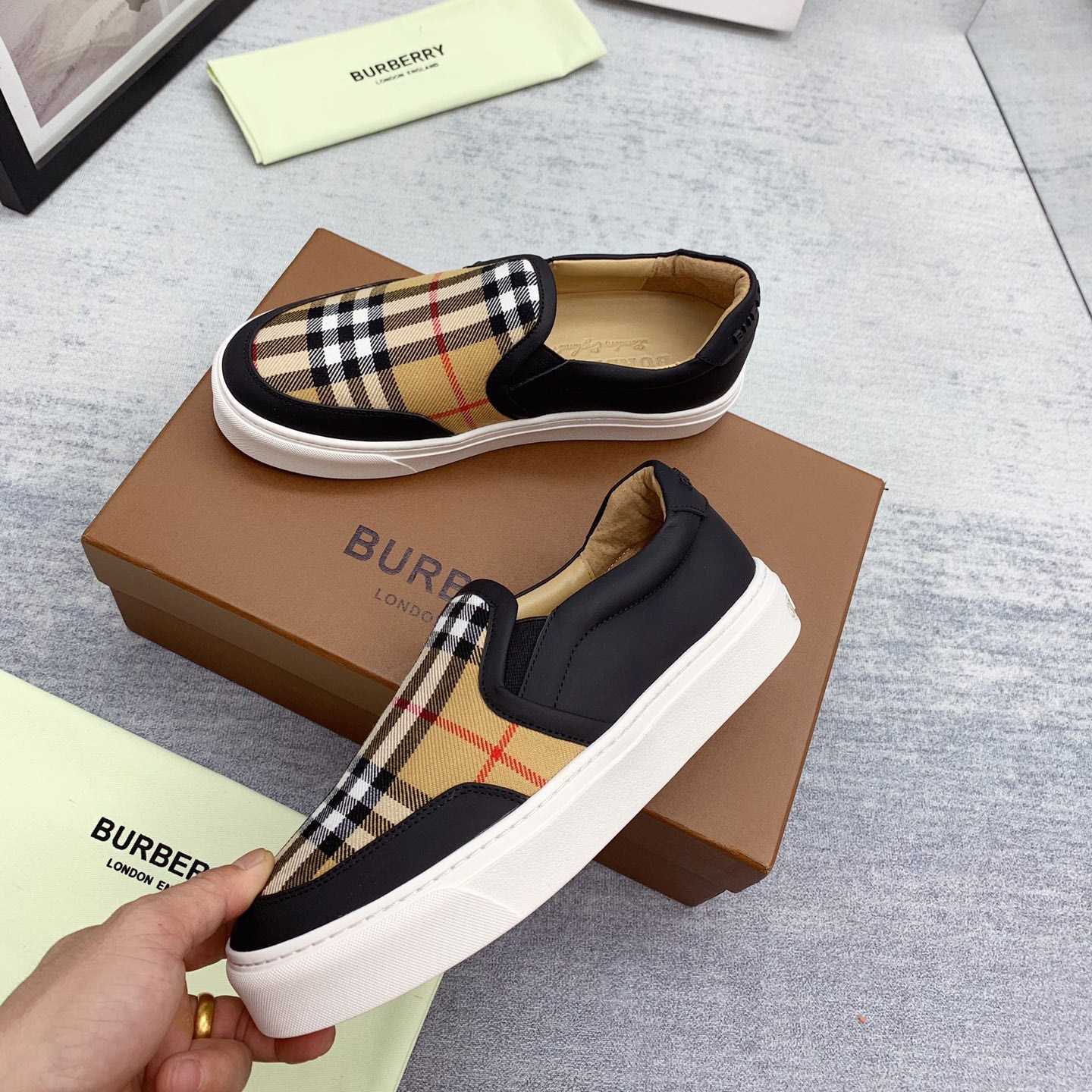 Burberry Leather And Vintage Check Slip-On Sneakers - EUR FASHION