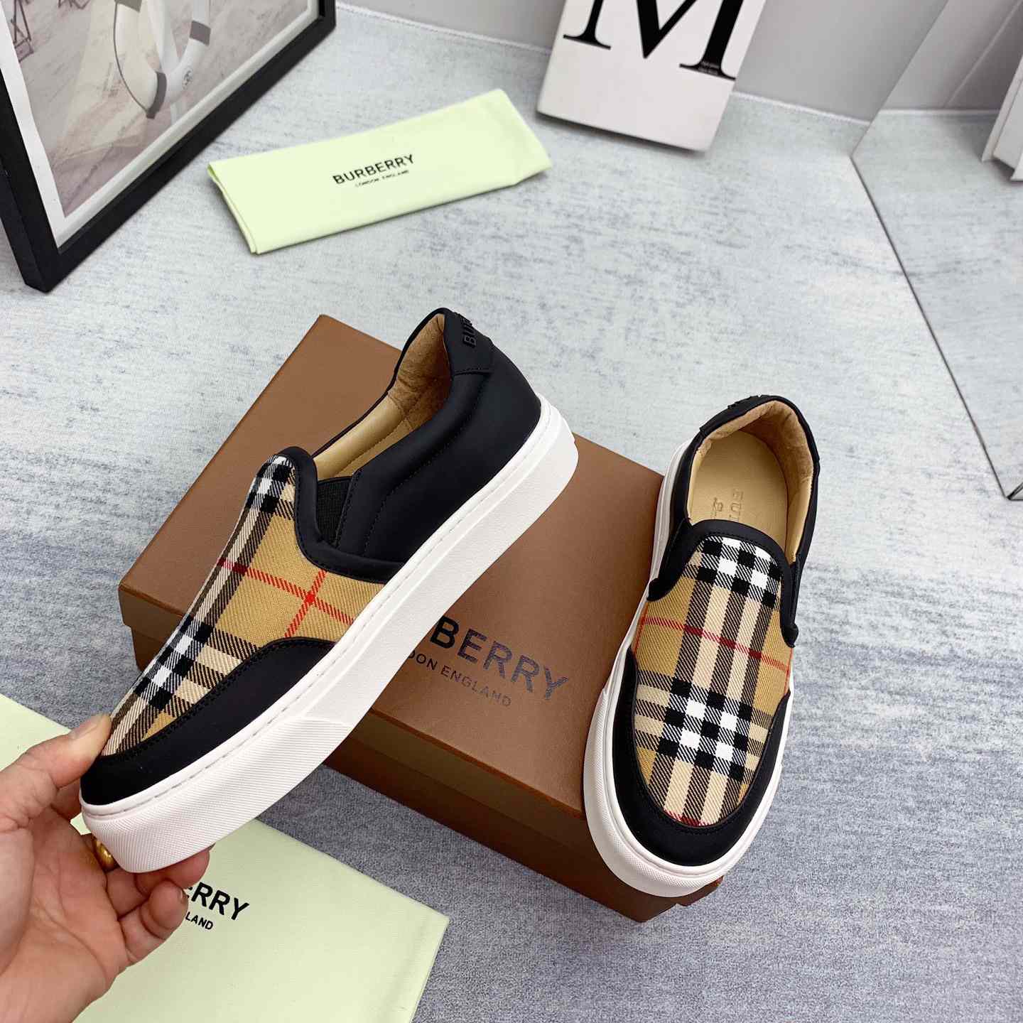 Burberry Leather And Vintage Check Slip-On Sneakers - EUR FASHION