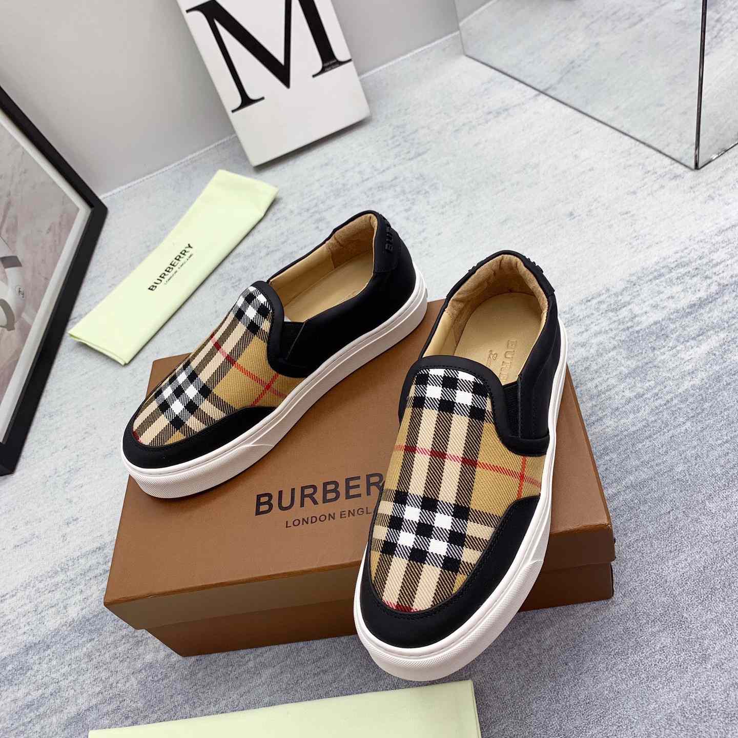 Burberry Leather And Vintage Check Slip-On Sneakers - EUR FASHION