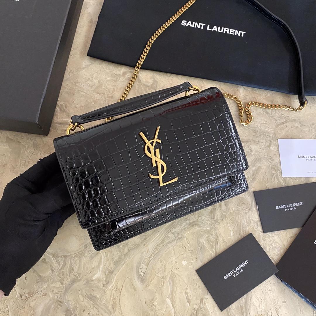 Saint Laurent Sunset Chain Wallet In Crocodile-Embossed Shiny Leather - EUR FASHION