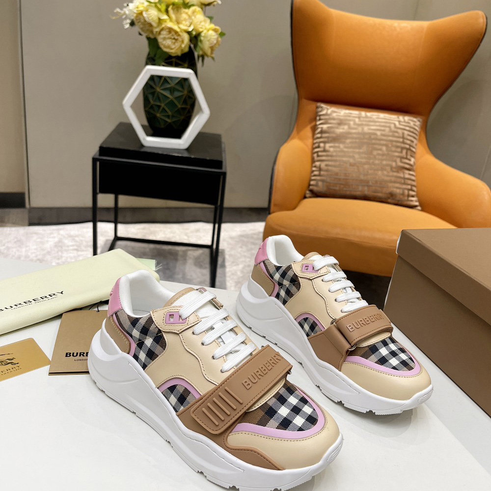 Burberry Check Cotton And Leather Sneakers - EUR FASHION