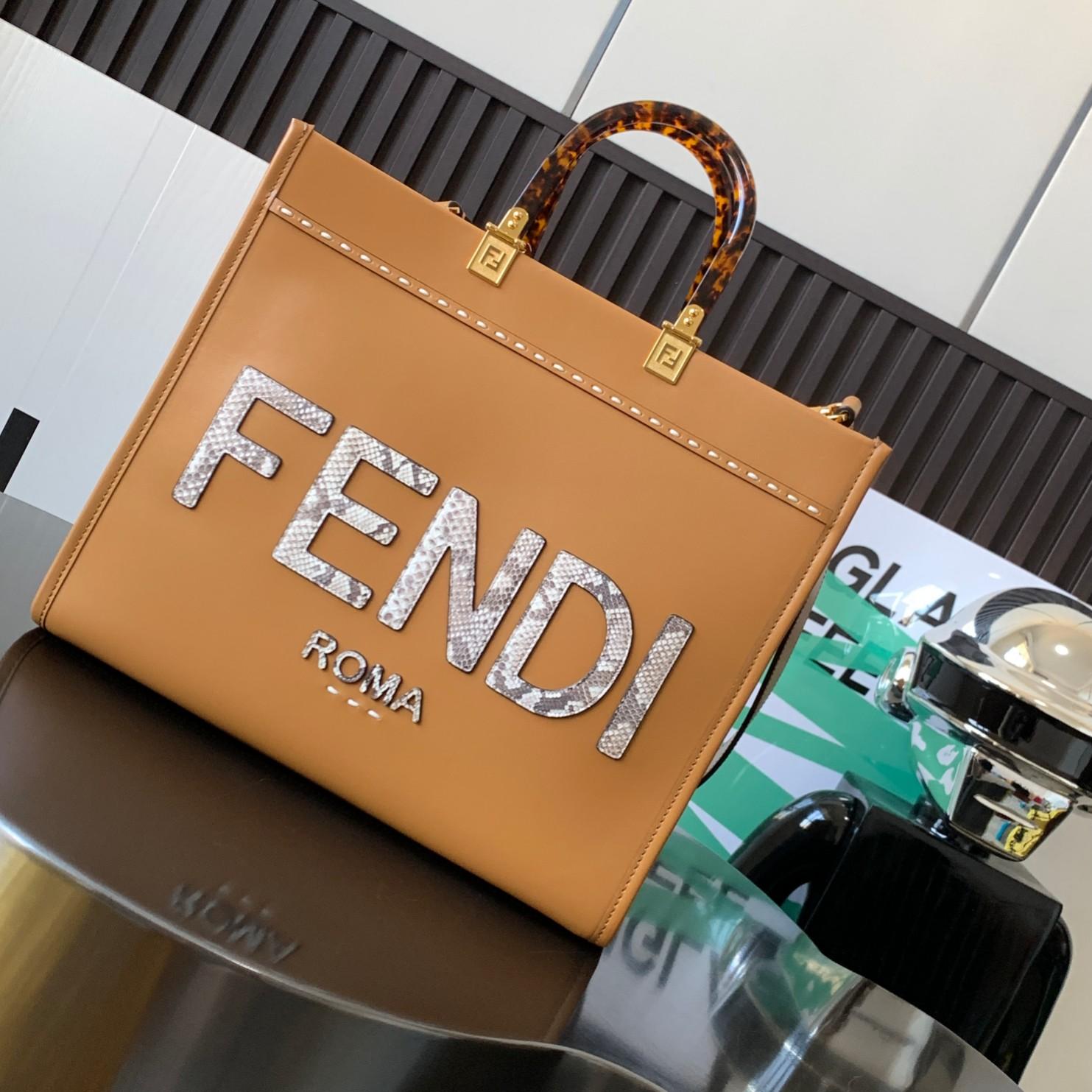 Fendi Sunshine Medium Light Brown Leather And Elaphe Shopper Bag - EUR FASHION