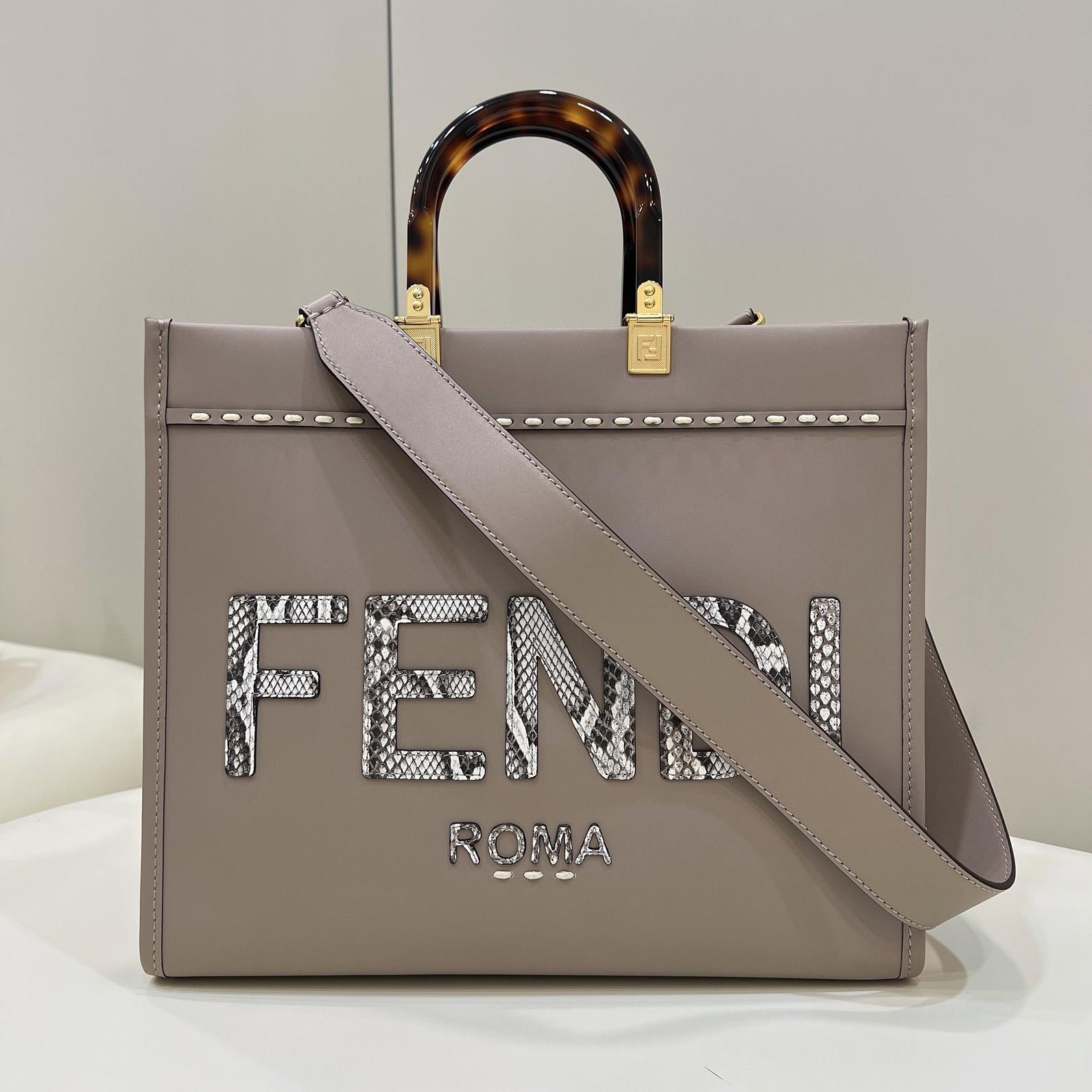 Fendi Sunshine Medium Beige Leather And Elaphe Shopper - EUR FASHION