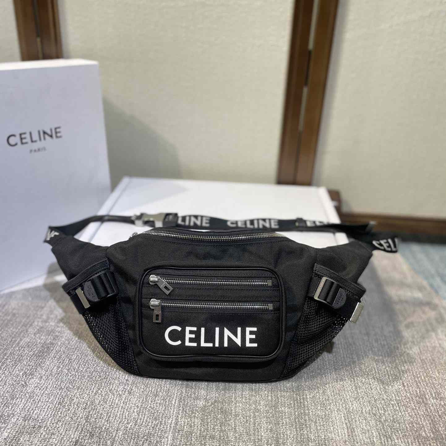 Celine Large Zipped Belt Bag Trekking In Nylon With Celine Print Black - EUR FASHION