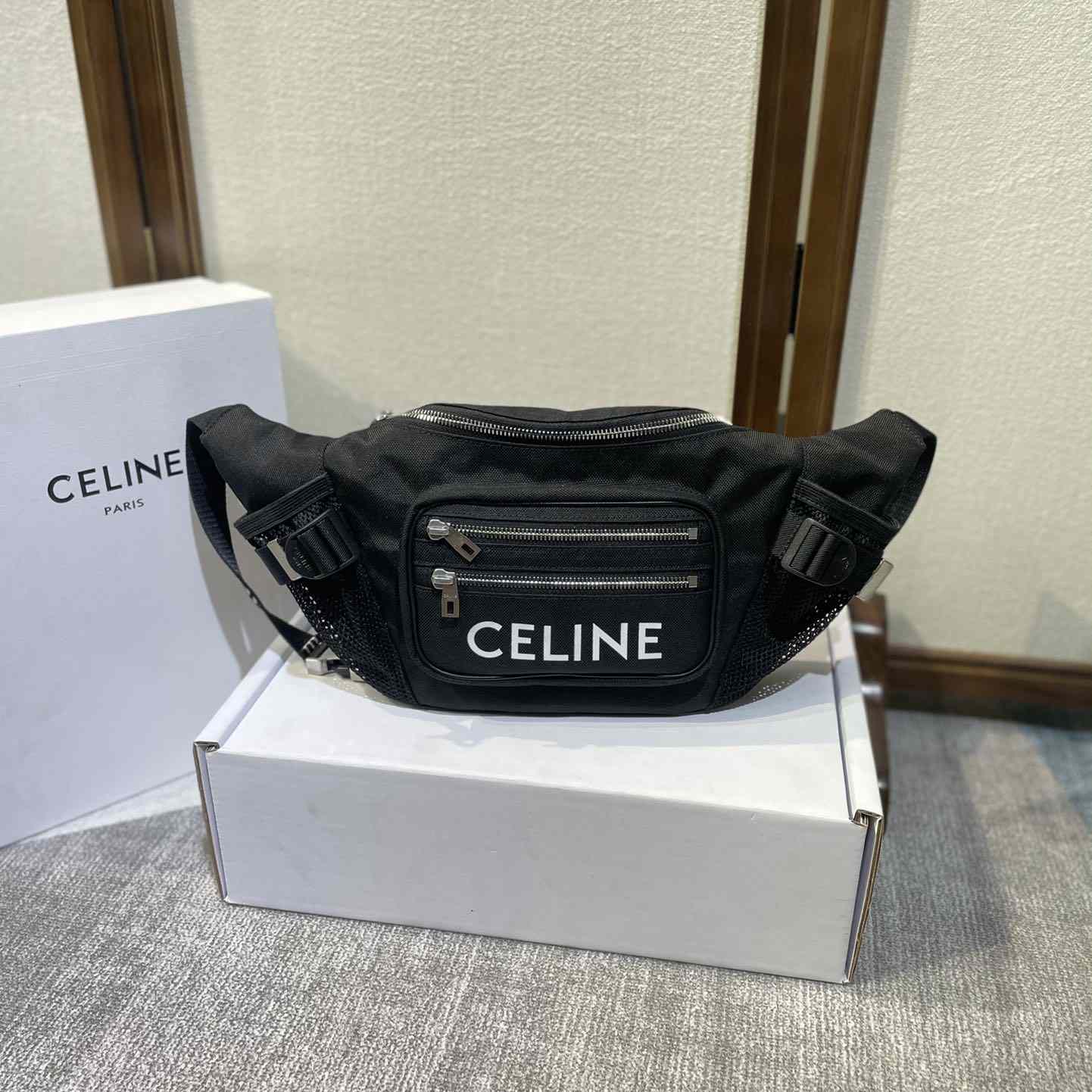 Celine Large Zipped Belt Bag Trekking In Nylon With Celine Print Black - EUR FASHION