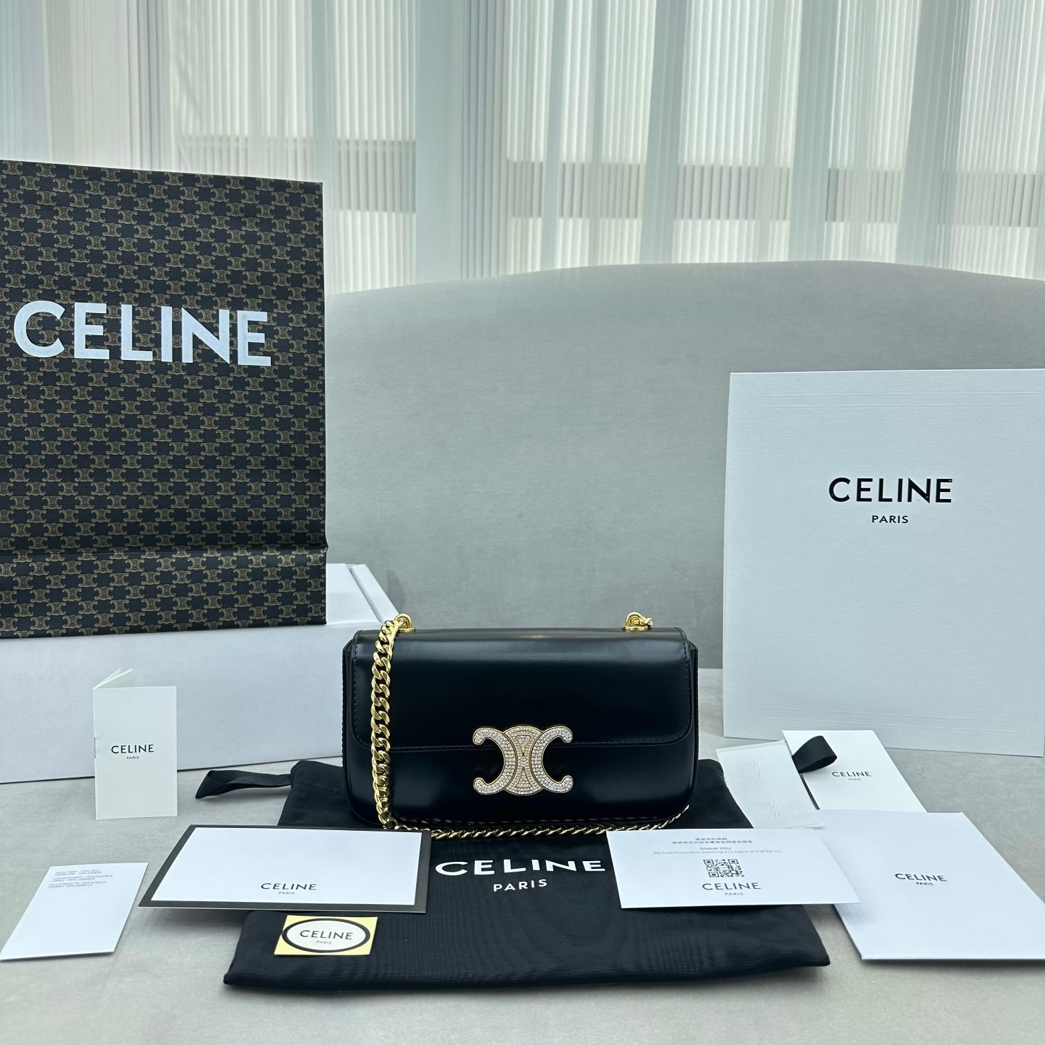 Celine Chain Shoulder Bag Triomphe With Strass Closure In Shiny Calfskin  - EUR FASHION