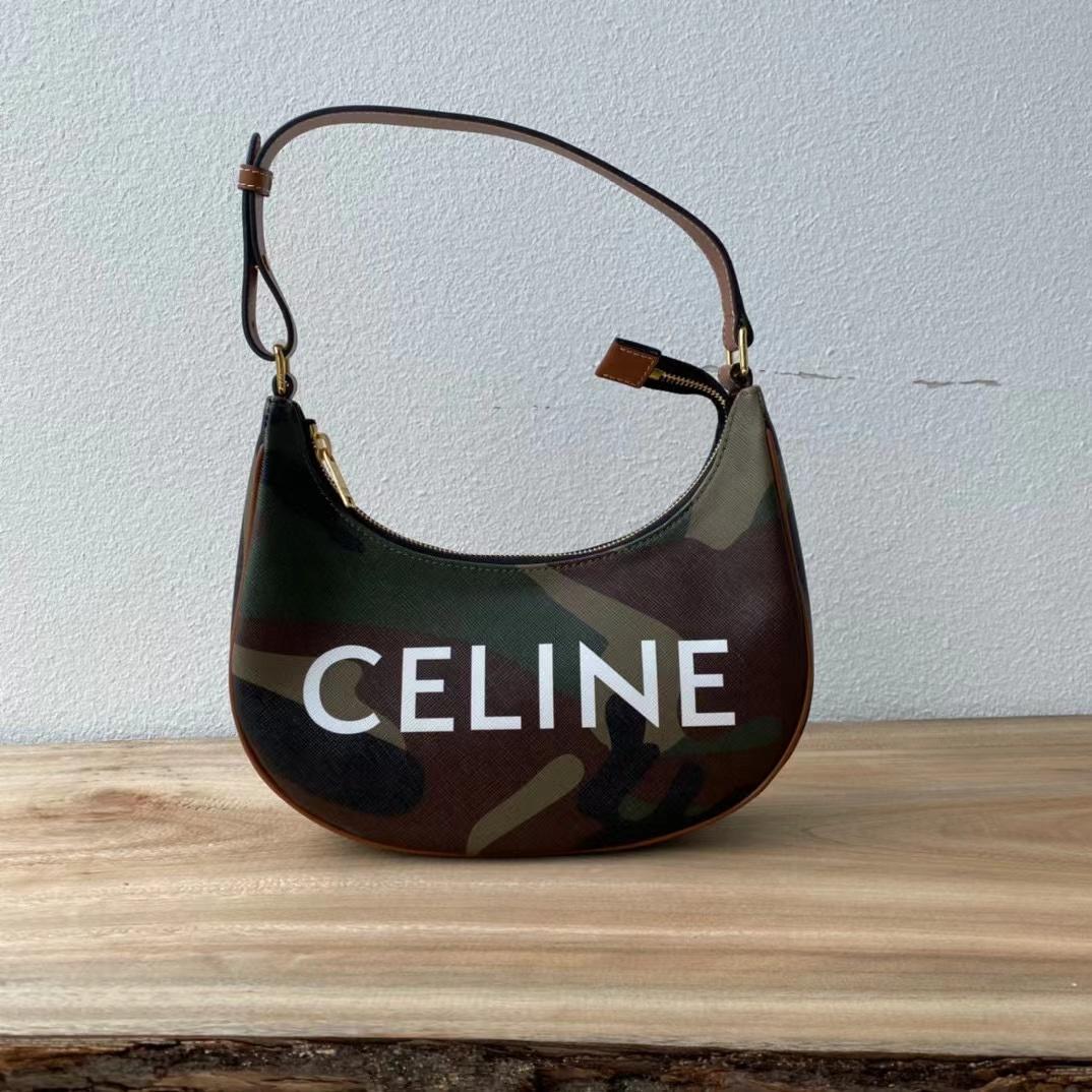 Celine Canvas Calfskin Camouflage Ava Logo Triomphe Shoulder Bag Khaki (24.5-18-7.5cm) - EUR FASHION