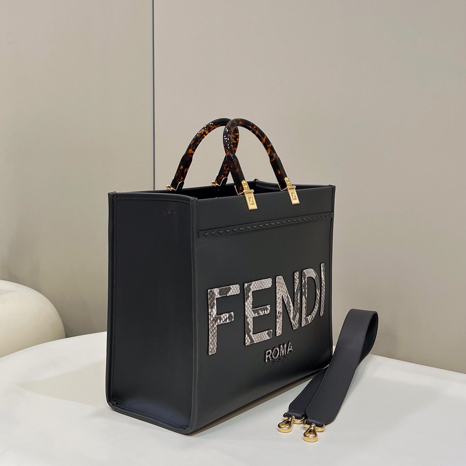 Fendi Sunshine Medium Dark Gray Leather And Elaphe Shopper - EUR FASHION