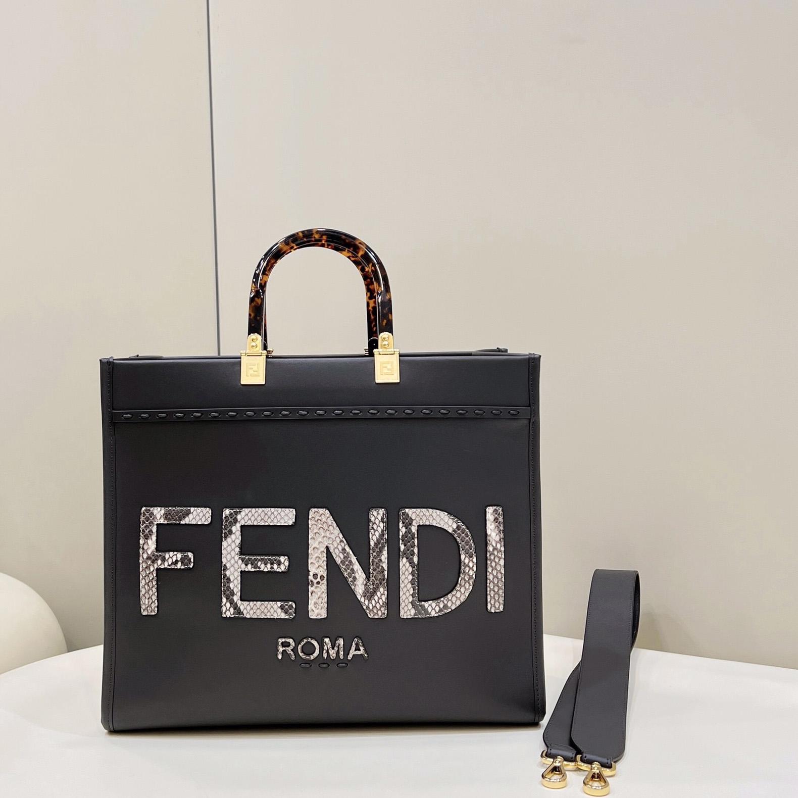 Fendi Sunshine Medium Dark Gray Leather And Elaphe Shopper - EUR FASHION