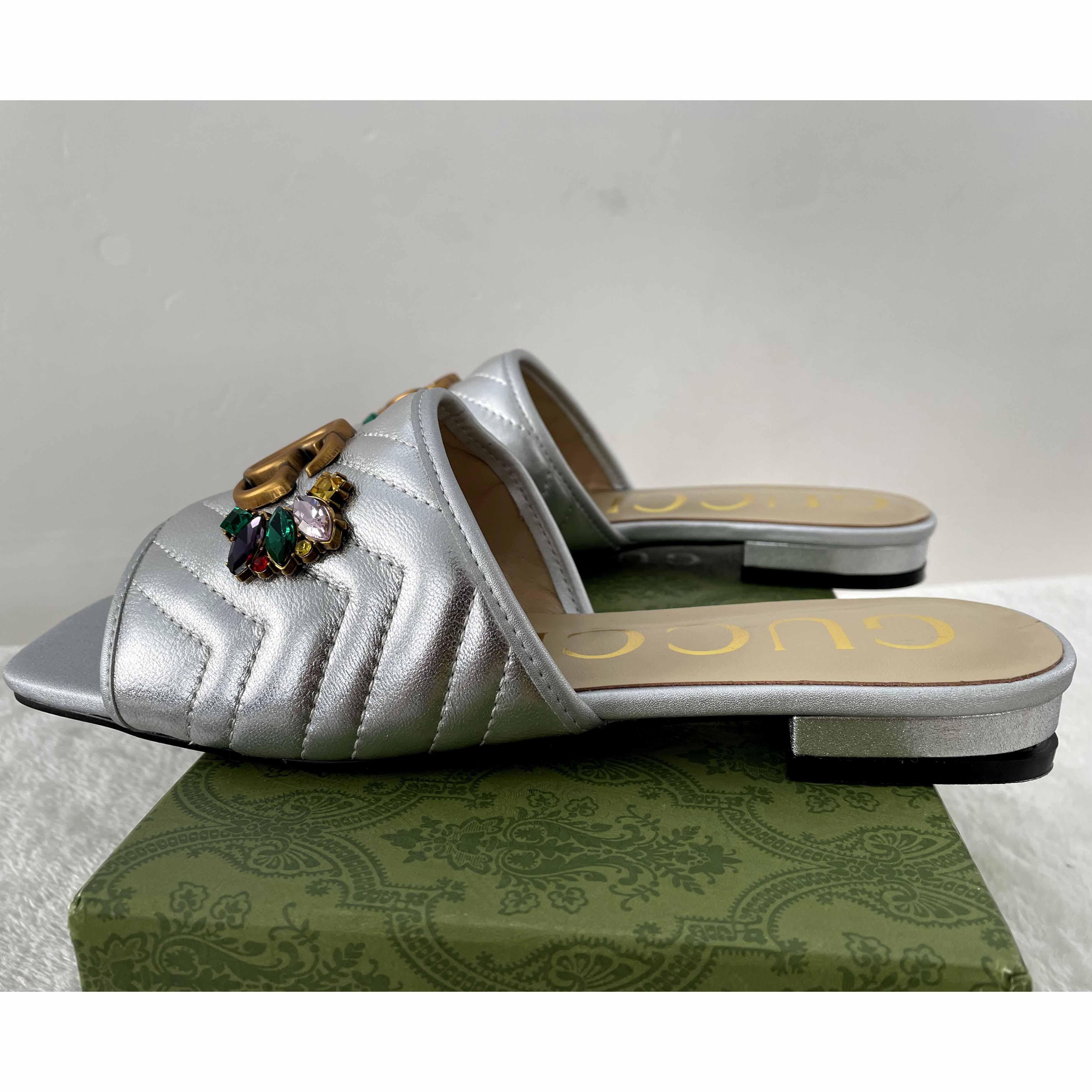 Gucci Women's Crystal Embellished Leather Slide Sandals - EUR FASHION