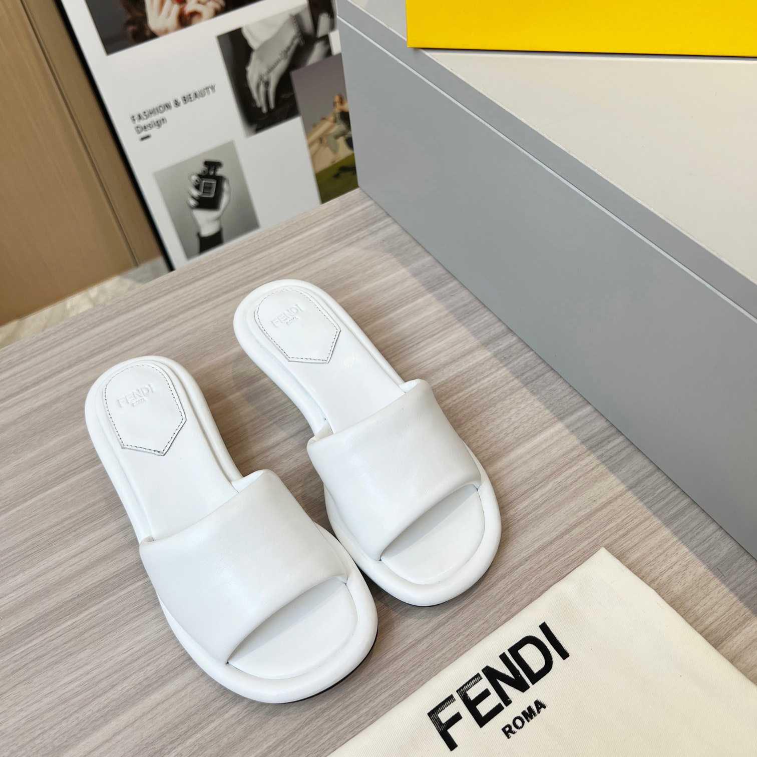 Fendi Baguette White Nappa Leather Slides - EUR FASHION