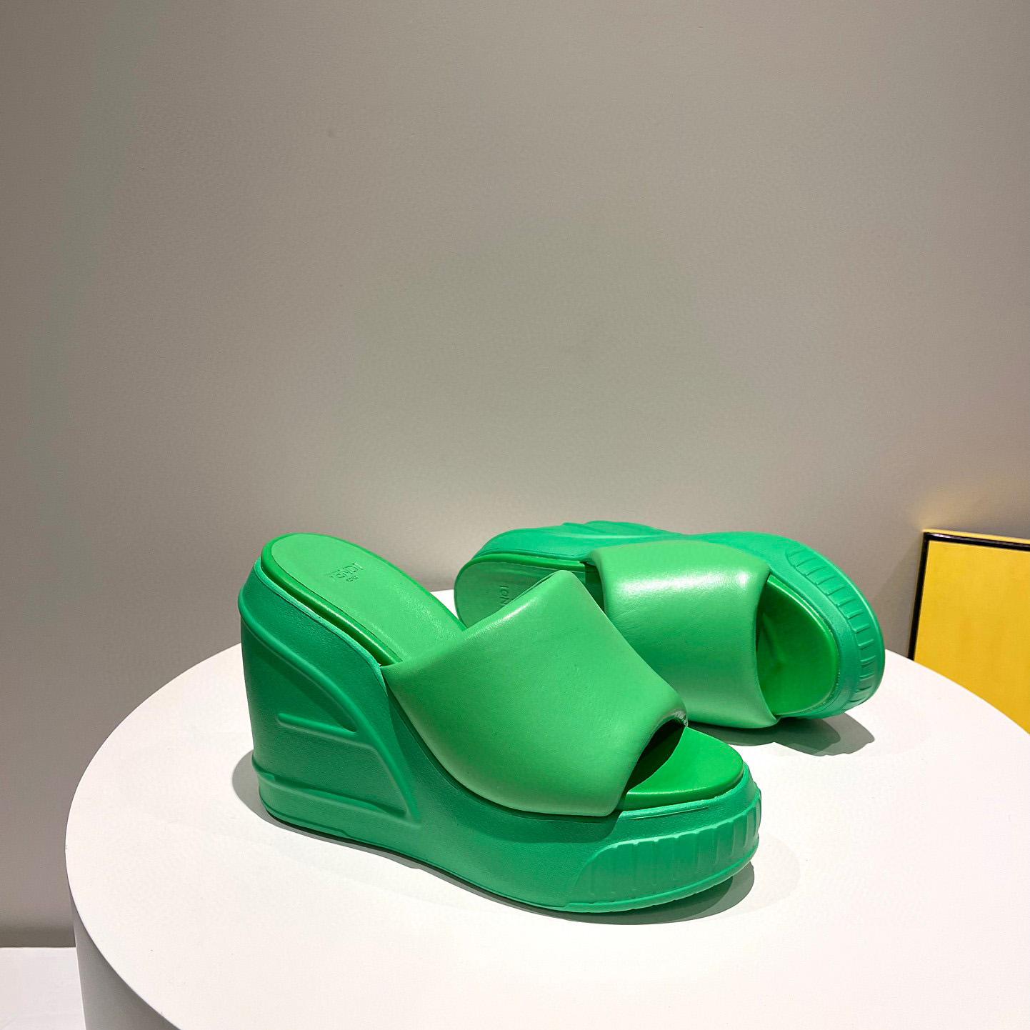 Fendi Fashion Show Green Nappa Leather Slides - EUR FASHION