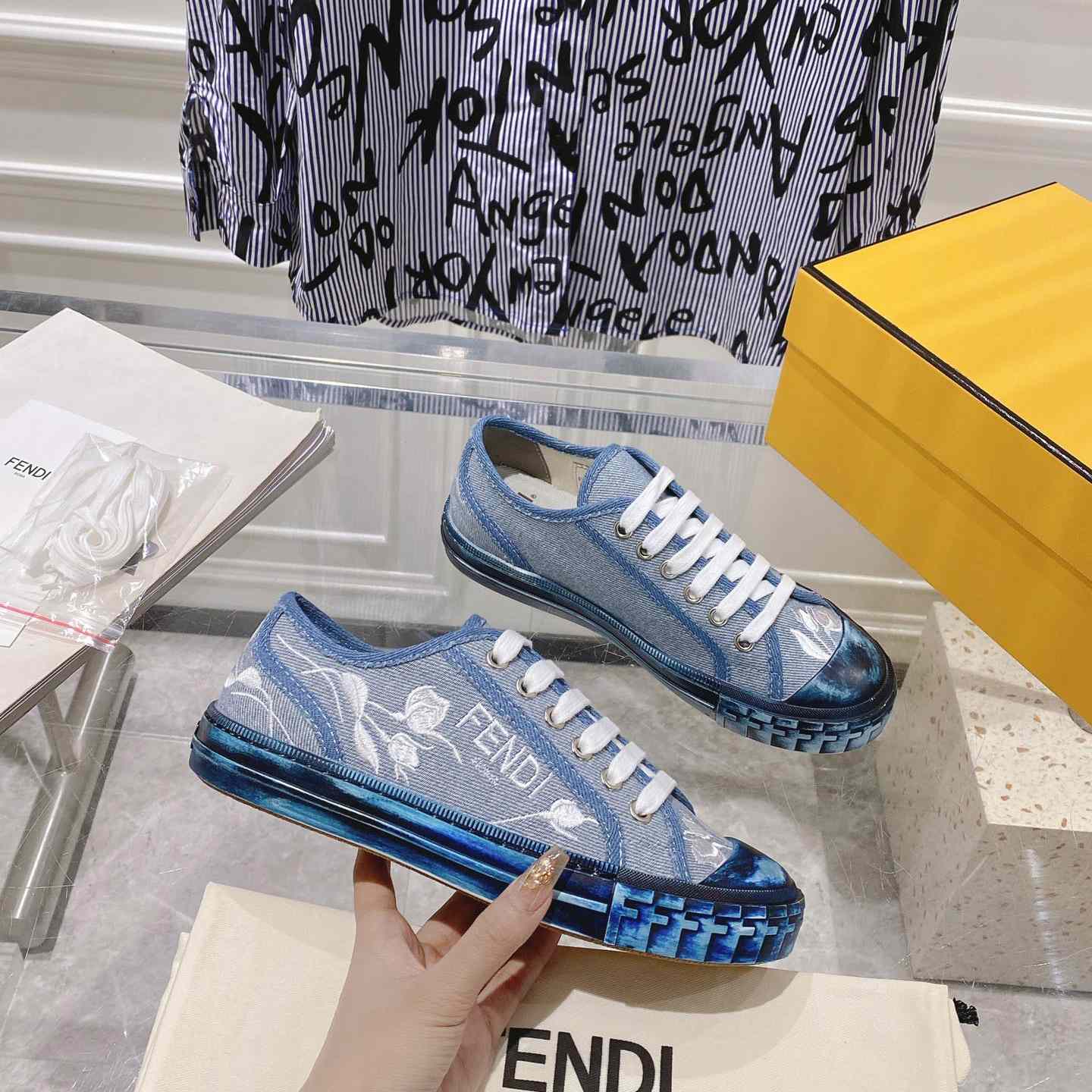 Fendi Domino Light Blue Denim Low Tops Sneakers - EUR FASHION