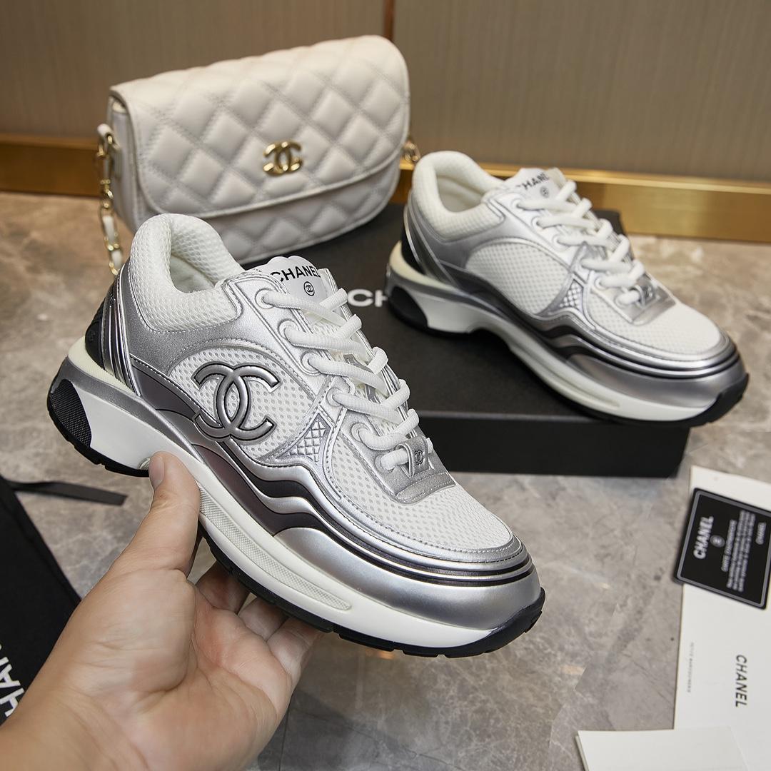 Chanel Fabric & Laminated Sneakers In White & Silver - EUR FASHION