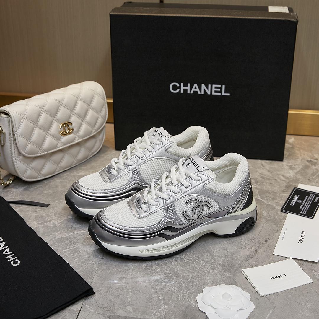 Chanel Fabric & Laminated Sneakers In White & Silver - EUR FASHION