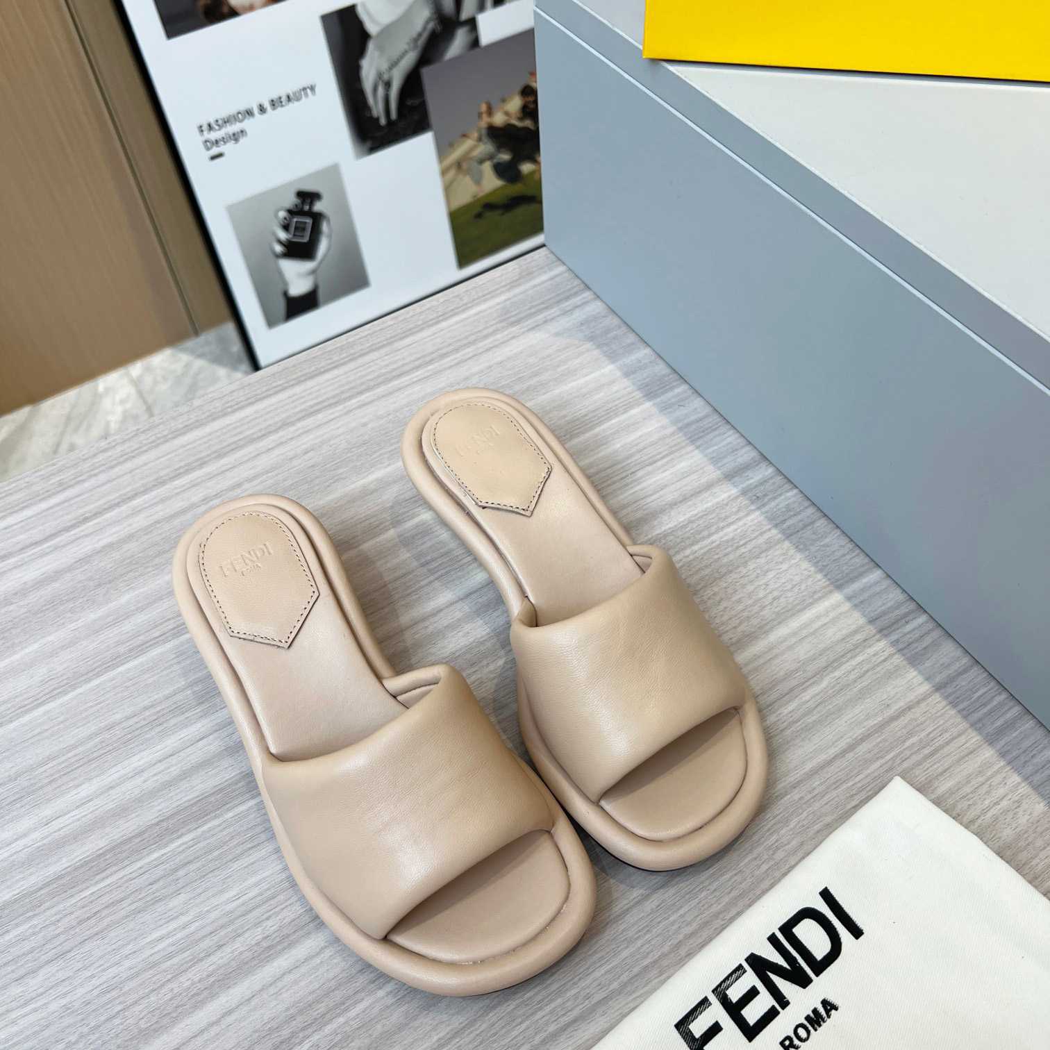 Fendi Baguette Beige Nappa Leather Slides - EUR FASHION