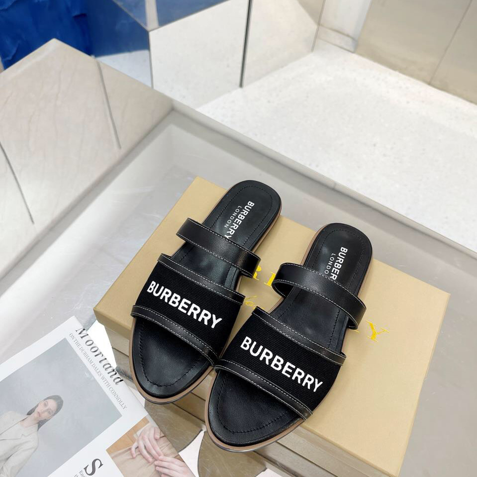 Burberry Women's Black Logo-appliquéd Leather And Cotton-canvas Slides - EUR FASHION