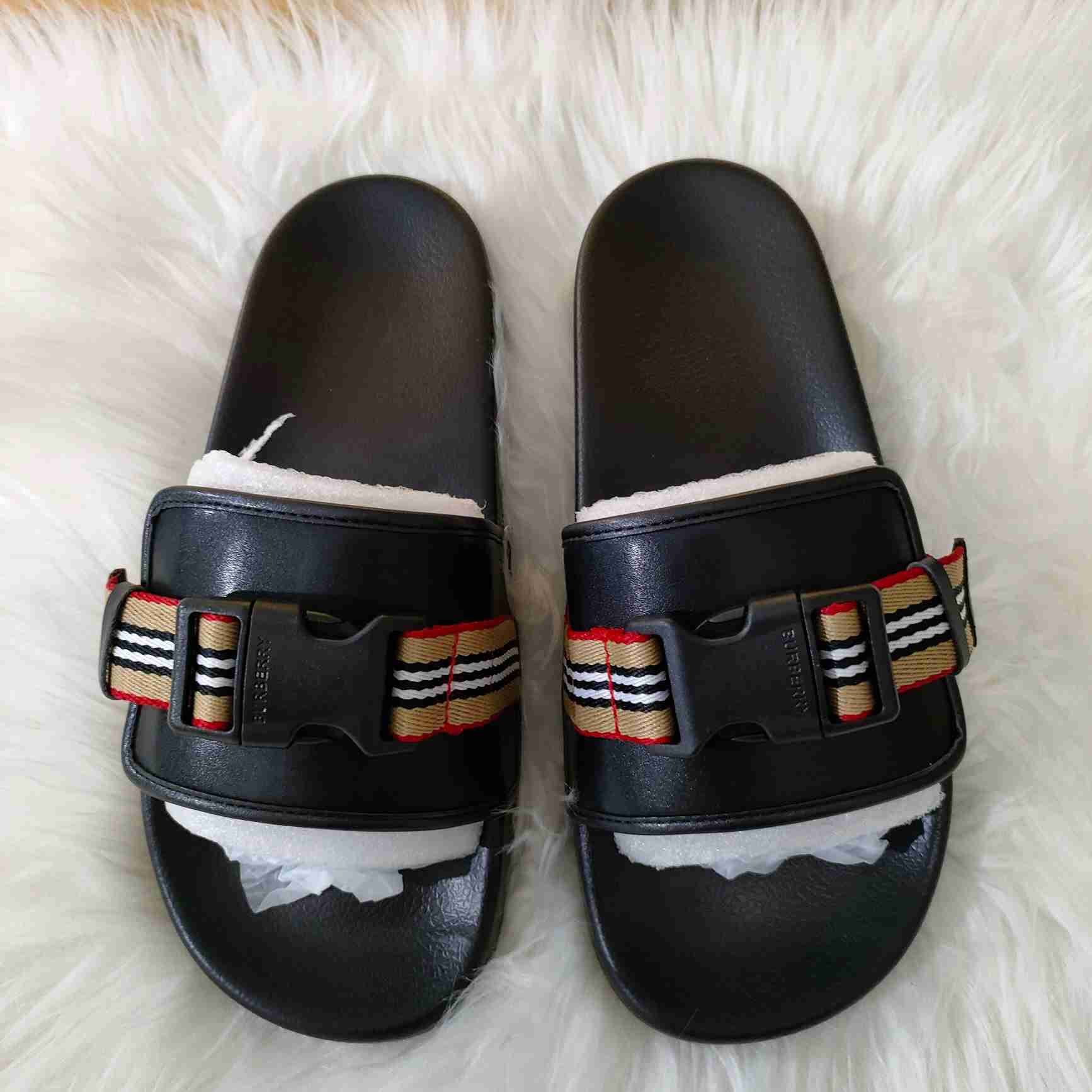 Burberry Icon Stripe Buckled Slides - EUR FASHION